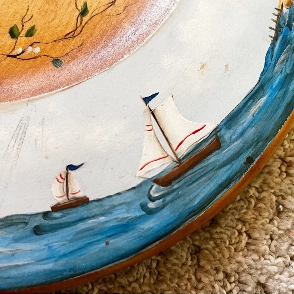 Hand Painted Wooden Plate Folk Art Coastal Village Nautical Americana Harbor